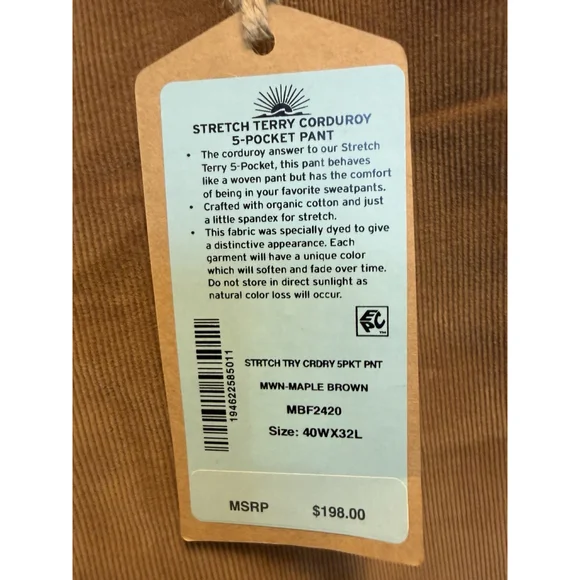 FAHERTY Pants Stretch Terry Corduroy Maple Brown Organic Size 40x32 NWT Read
